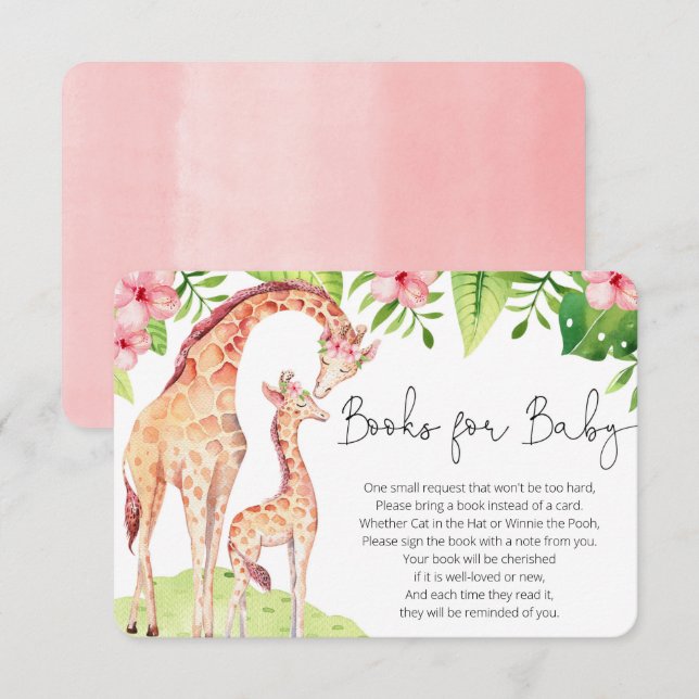 Cute giraffe tropical pink greenery books for baby enclosure card (Front/Back)