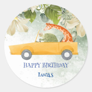 Cute giraffe turtle Safari jungle Birthday party Classic Round Sticker