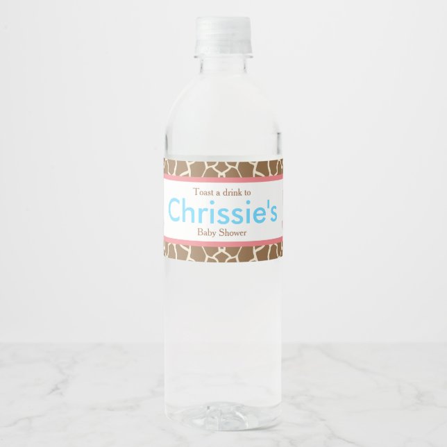 Cute Giraffe Twins Baby Shower Party Water Bottle Label (Front)