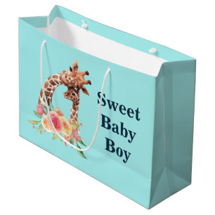 Cute Giraffe Watercolor Mom & Baby Boy Large Gift Bag