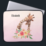 Cute Giraffe Watercolor Mom & Baby Laptop Sleeve<br><div class="desc">Personalized laptop sleeve with a cute drawing in watercolors of a mom and baby giraffe. The mother giraffe is resting her head on top of the baby giraffe, loving and adorable. Pretty pink, yellow, green watercolor flower bouquet placed underneath this darling pair. A gradient background created using a soft pink...</div>