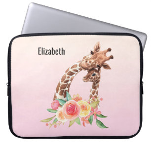 Cute Giraffe Watercolor Mom & Baby Laptop Sleeve
