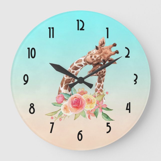 Cute Giraffe Watercolor Mom & Baby Large Clock (Front)