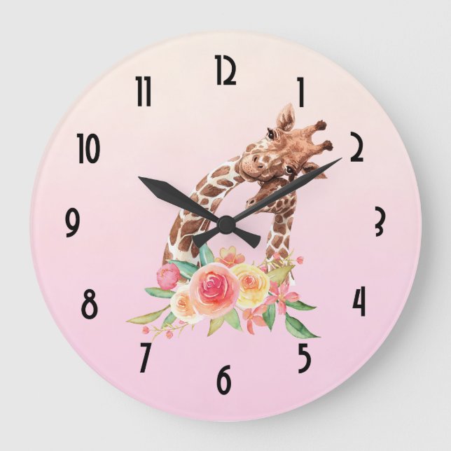 Cute Giraffe Watercolor Mom & Baby Large Clock (Front)