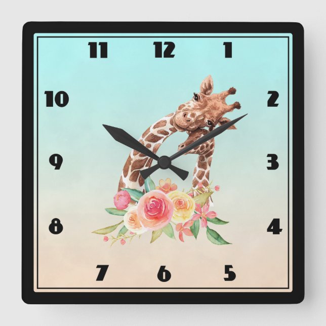Cute Giraffe Watercolor Mom & Baby Square Wall Clock (Front)