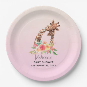 Cute Giraffe Watercolor Mum & Babe Baby Shower Paper Plate