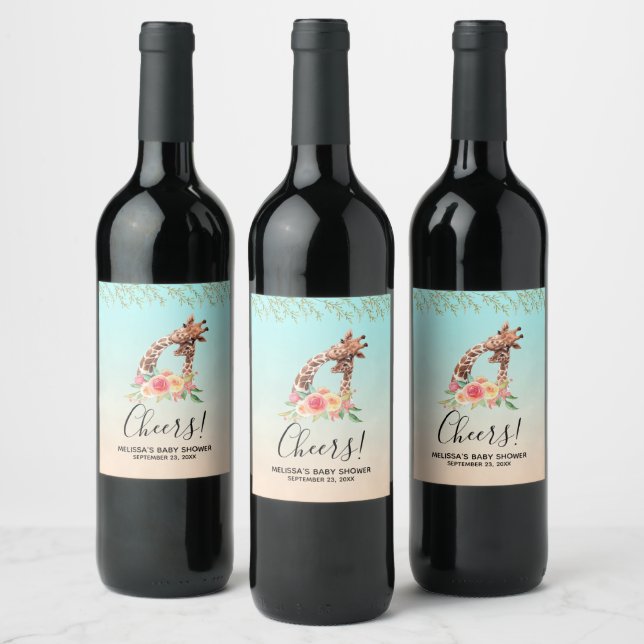 Cute Giraffe Watercolor Mum & Babe Baby Shower Wine Label (Bottles)