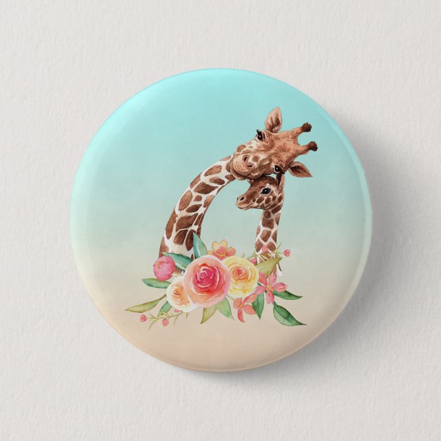 Cute Giraffe Watercolor Mum & Baby 6 Cm Round Badge (Front)