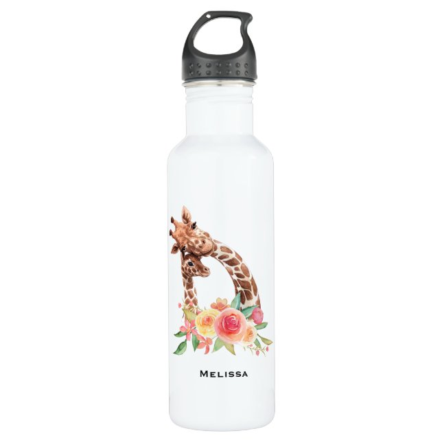 Cute Giraffe Watercolor Mum & Baby 710 Ml Water Bottle (Front)