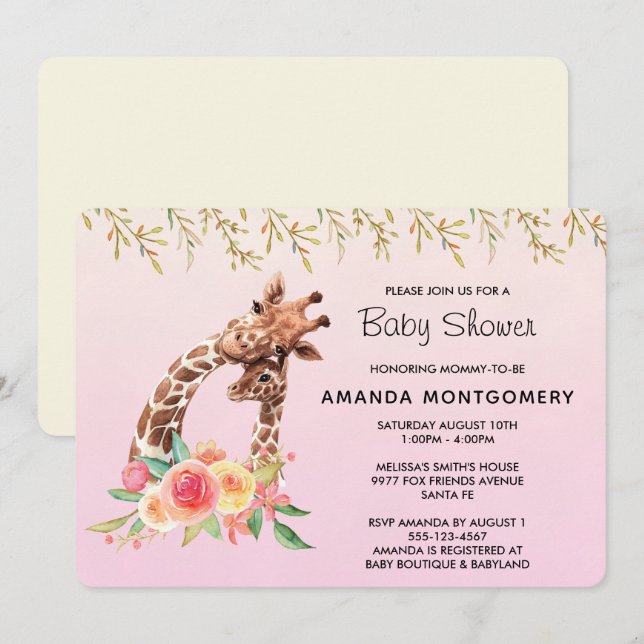 Cute Giraffe Watercolor Mum & Baby Baby Shower Invitation (Front/Back)