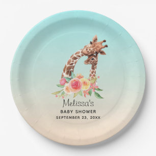Cute Giraffe Watercolor Mum & Baby Baby Shower Paper Plate