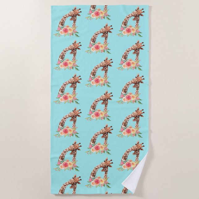 Cute Giraffe Watercolor Mum & Baby Beach Towel (Front)