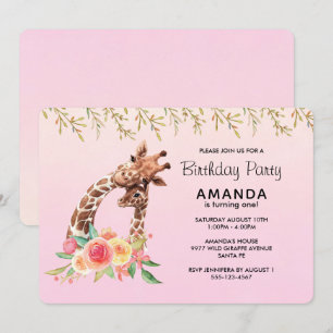 Cute Giraffe Watercolor Mum & Baby Birthday Invitation