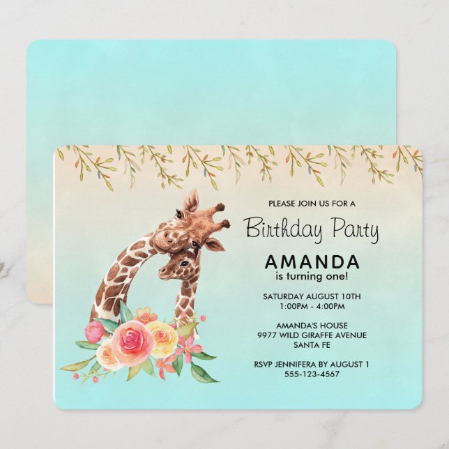 Cute Giraffe Watercolor Mum & Baby Birthday Invitation (Front/Back)