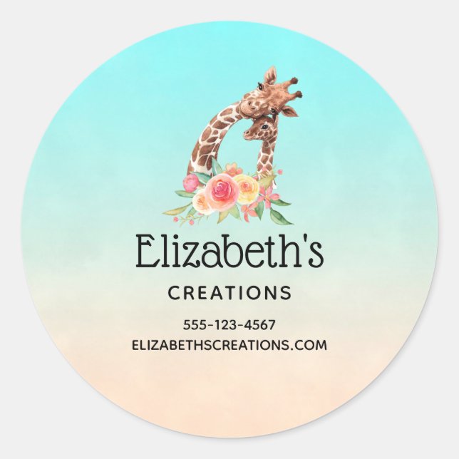 Cute Giraffe Watercolor Mum & Baby Business Classic Round Sticker (Front)