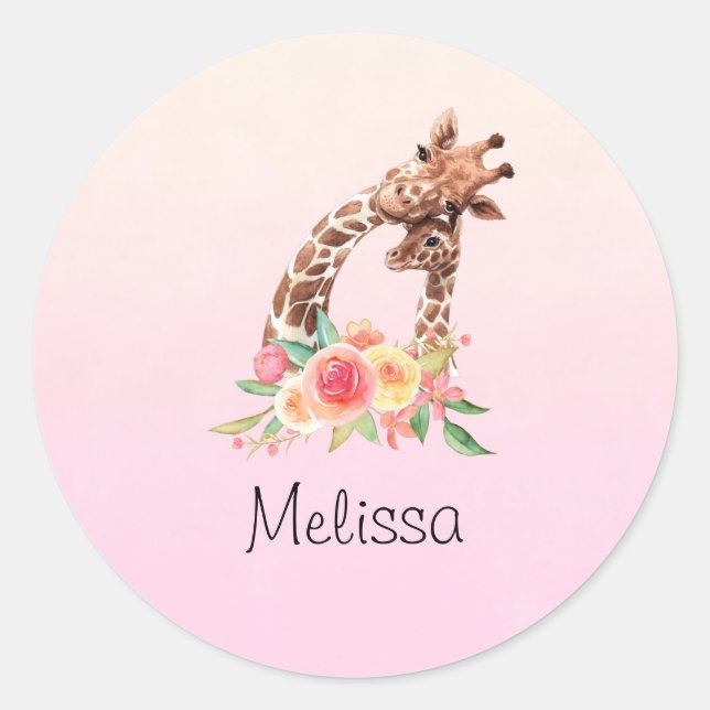 Cute Giraffe Watercolor Mum & Baby Classic Round Sticker (Front)