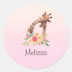 Cute Giraffe Watercolor Mum & Baby Classic Round Sticker