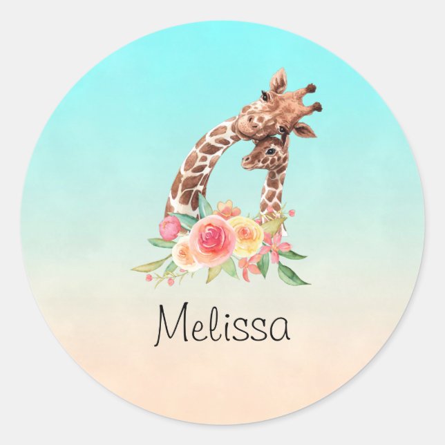 Cute Giraffe Watercolor Mum & Baby Classic Round Sticker (Front)
