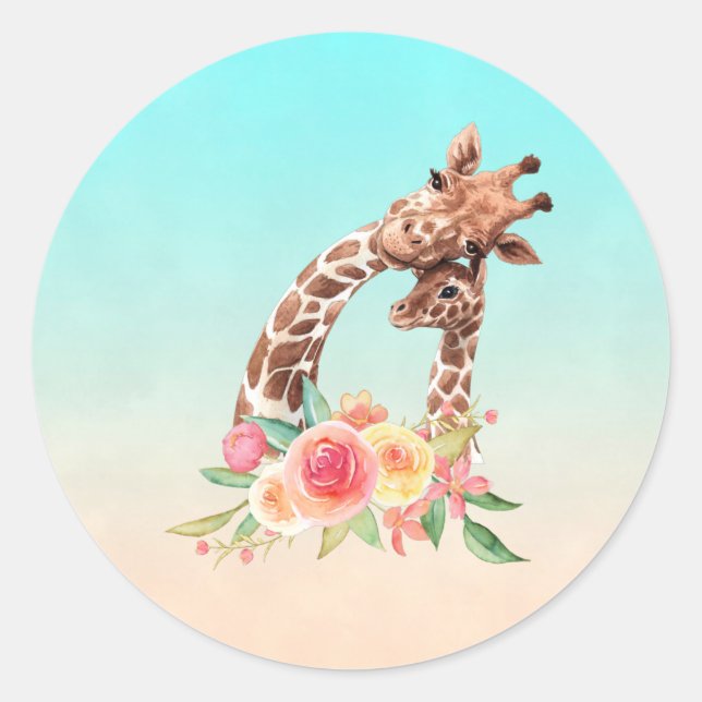 Cute Giraffe Watercolor Mum & Baby Classic Round Sticker (Front)