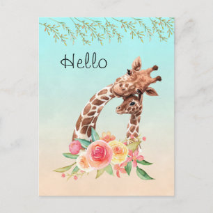 Cute Giraffe Watercolor Mum & Baby Hello Postcard