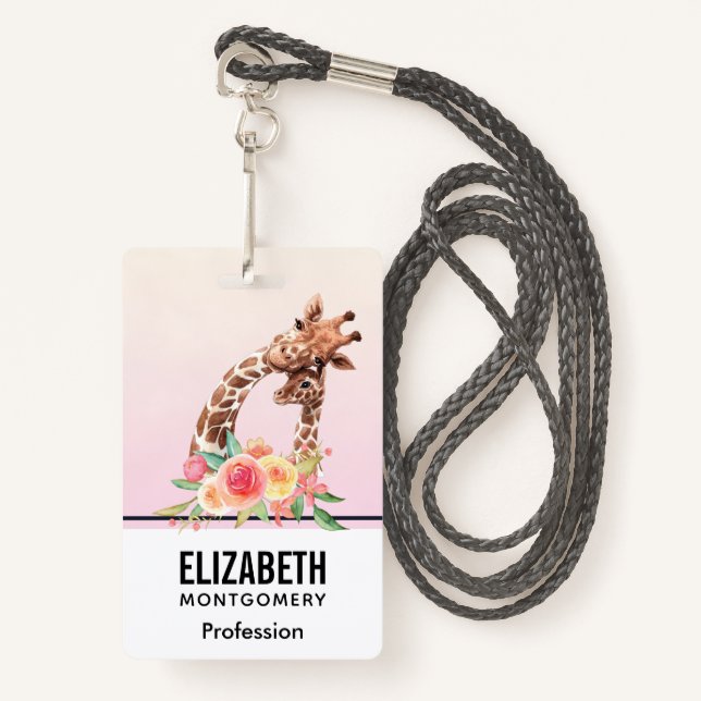 Cute Giraffe Watercolor Mum & Baby ID Badge (Front with Lanyard)