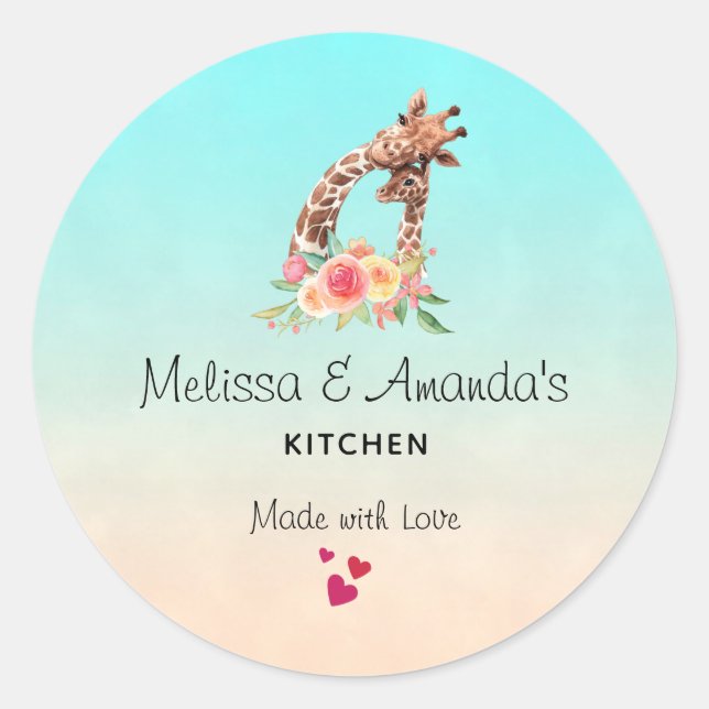 Cute Giraffe Watercolor Mum & Baby Kitchen Classic Round Sticker (Front)