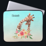 Cute Giraffe Watercolor Mum & Baby Laptop Sleeve<br><div class="desc">Personalised laptop sleeve with a cute drawing in watercolors of a mum and baby giraffe. The mother giraffe is resting her head on top of the baby giraffe, loving and adorable. Pretty pink, yellow, green watercolor flower bouquet placed underneath this darling pair. A gradient background created with a delicate turquoise...</div>