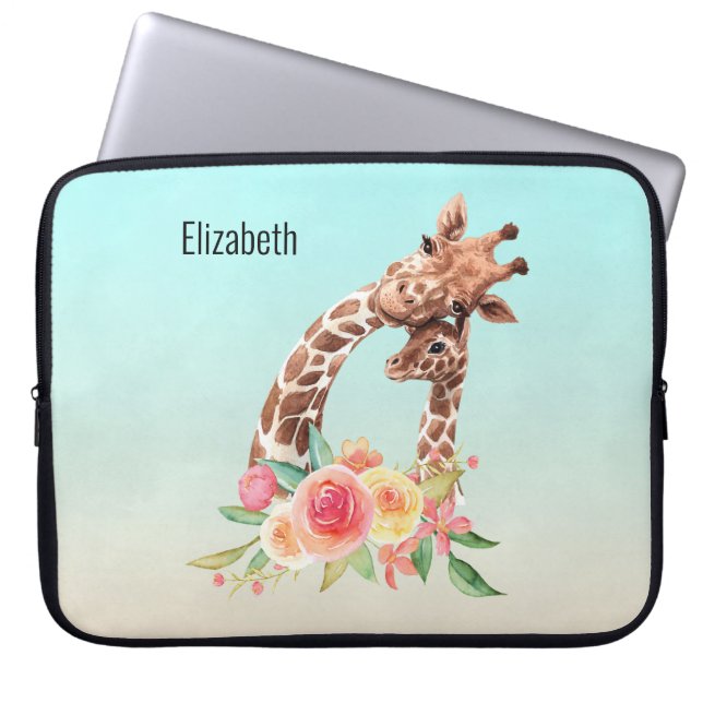 Cute Giraffe Watercolor Mum & Baby Laptop Sleeve (Front)