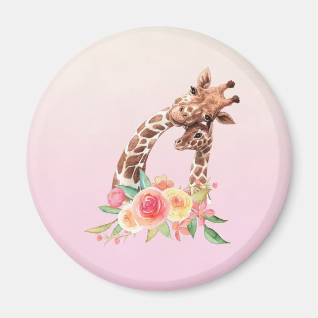 Cute Giraffe Watercolor Mum & Baby Magnet (Front)