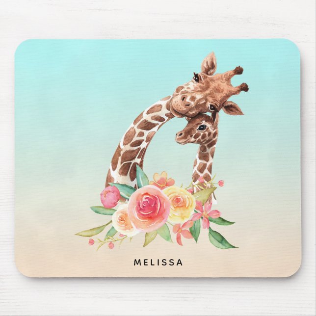 Cute Giraffe Watercolor Mum & Baby Mouse Mat (Front)