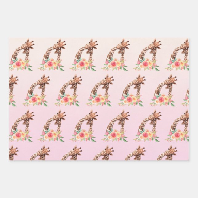 Cute Giraffe Watercolor Mum & Baby Pattern Wrapping Paper Sheet (Front)