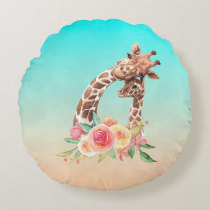 Cute Giraffe Watercolor Mum & Baby Round Cushion