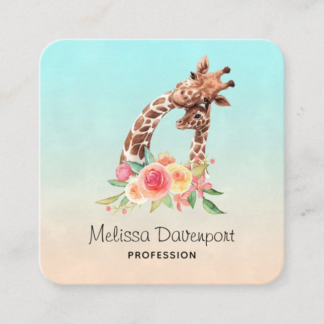 Cute Giraffe Watercolor Mum & Baby Square Business Card (Front)