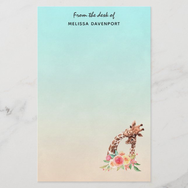 Cute Giraffe Watercolor Mum & Baby Stationery (Front)
