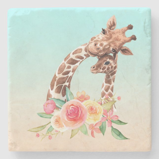 Cute Giraffe Watercolor Mum & Baby Stone Coaster (Front)