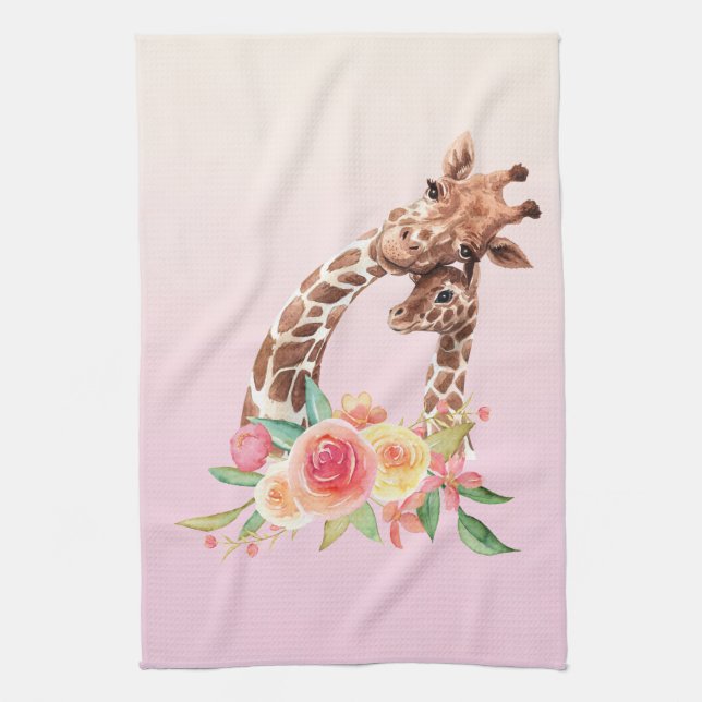 Cute Giraffe Watercolor Mum & Baby Tea Towel (Vertical)