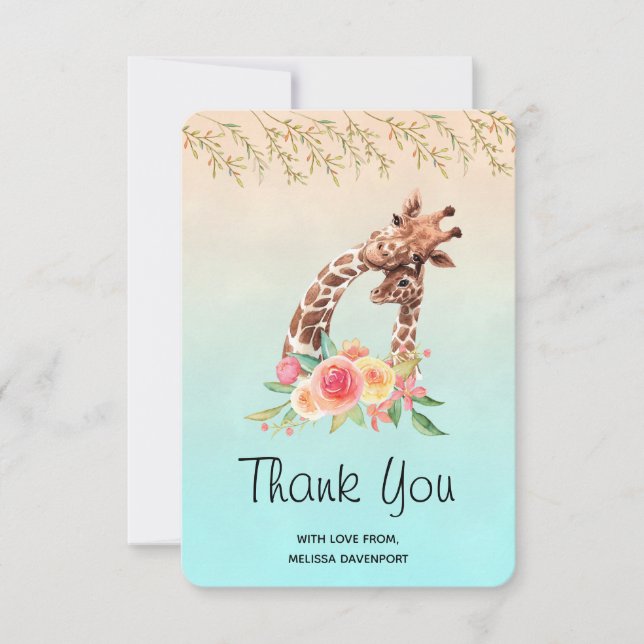 Cute Giraffe Watercolor Mum & Baby Thank You Card (Front)