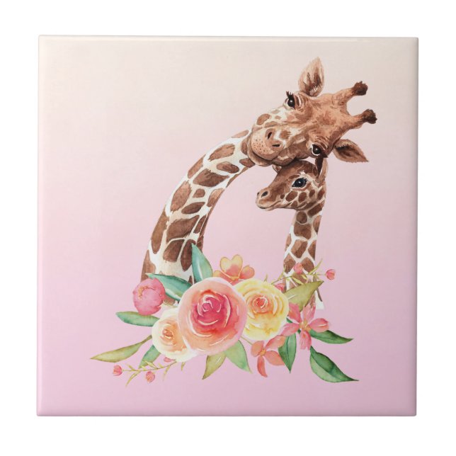 Cute Giraffe Watercolor Mum & Baby Tile (Front)
