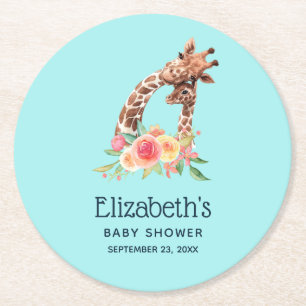 Cute Giraffe Watercolor Mum & New Baby Shower Round Paper Coaster