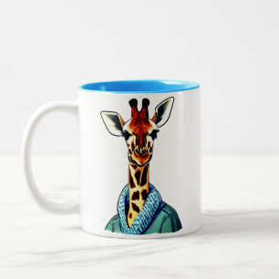 Cute Giraffe Wearing a Denim Jacket Two-Tone Coffee Mug