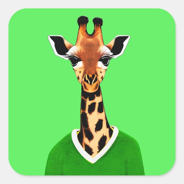 Cute Giraffe Wearing a Green Sweater Square Sticker (Front)