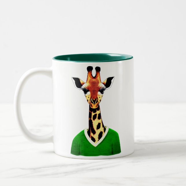 Cute Giraffe Wearing a Green Sweater Two-Tone Coffee Mug (Left)