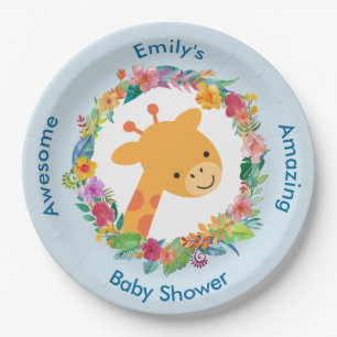 Cute Giraffe with a Floral Wreath Baby Shower Paper Plate
