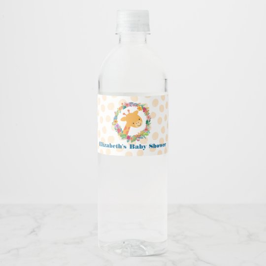 Cute Giraffe with a Floral Wreath Baby Shower Water Bottle Label