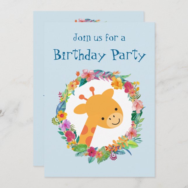 Cute Giraffe with a Floral Wreath Birthday Party Invitation (Front/Back)