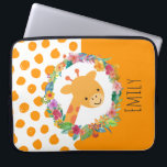 Cute Giraffe with a Floral Wreath Personalized Laptop Sleeve<br><div class="desc">A personalized laptop sleeve with an illustration of a cute smiling giraffe face,  surrounded by a wreath of tropical watercolor flowers. Colorful and cute. Background is pattern with orange whimsical spots on the left side and a solid orange color on the right side.</div>