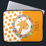 Cute Giraffe with a Floral Wreath Personalized Laptop Sleeve<br><div class="desc">A personalized laptop sleeve with an illustration of a cute smiling giraffe face,  surrounded by a wreath of tropical watercolor flowers. Colorful and cute. Background is pattern with orange whimsical spots on the left side and a solid orange color on the right side.</div>