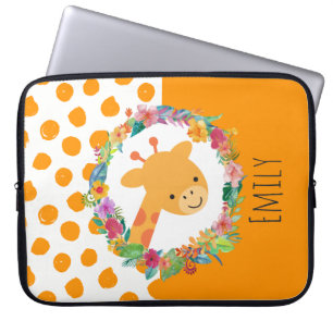 Cute Giraffe with a Floral Wreath Personalized Laptop Sleeve