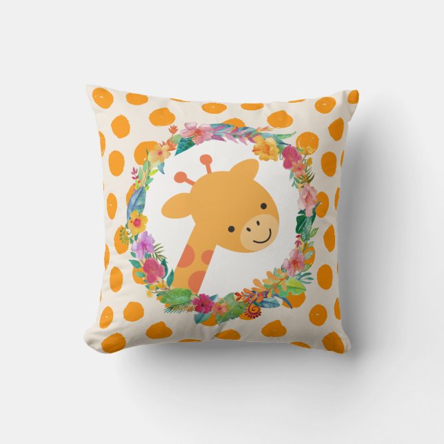 Cute Giraffe with a Watercolor Floral Wreath Cushion (Front)