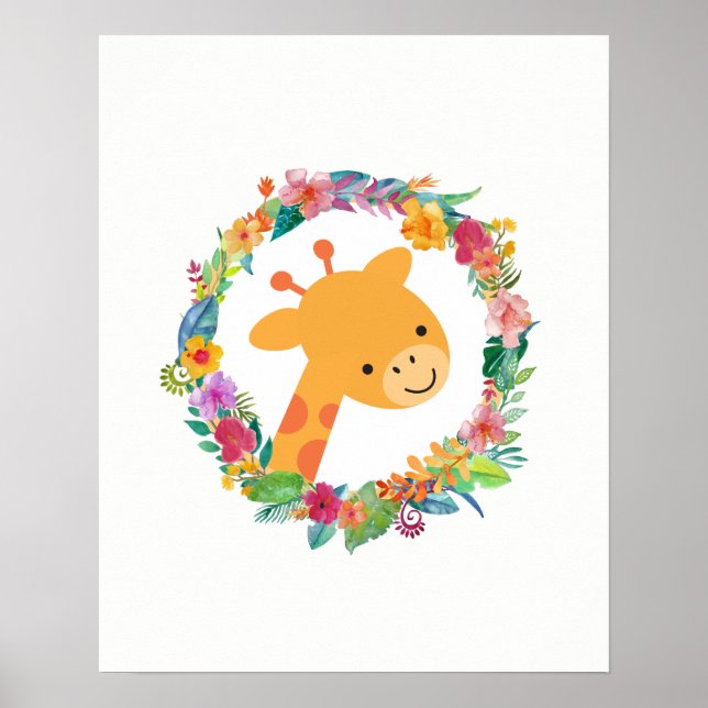 Cute Giraffe with a Watercolor Floral Wreath Poster (Front)
